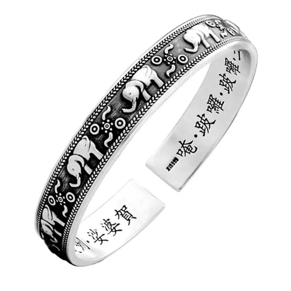 Unisex Engraved Elephant Bracelet 999 Pure Silver Cuff - Picture 6 of 14